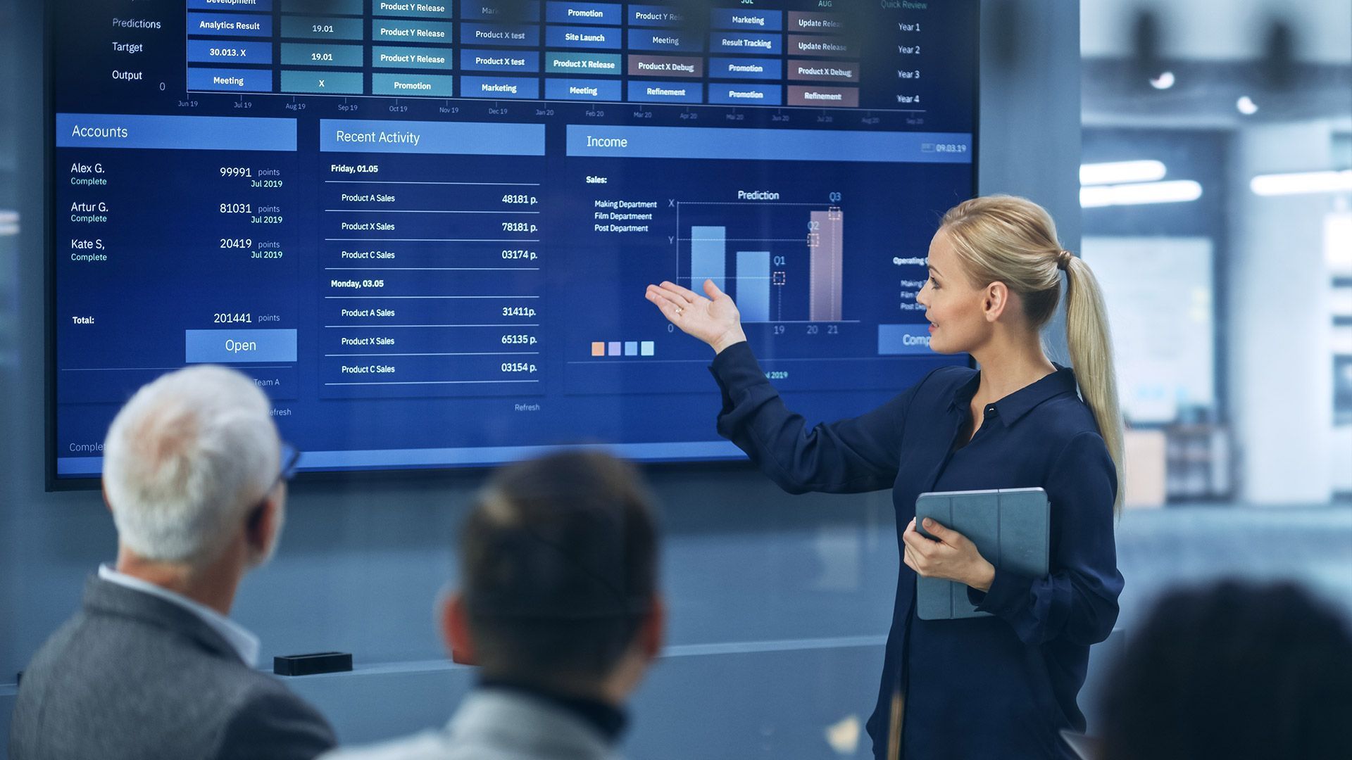 Frau präsentiert während Meeting Statistik auf großem Monitor